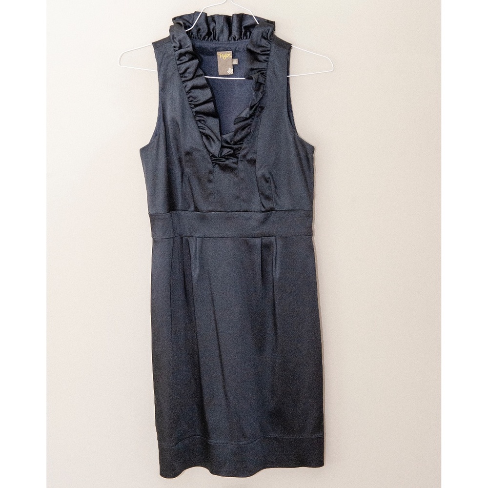 Taylor ruffle collar Navy stretch satin dress